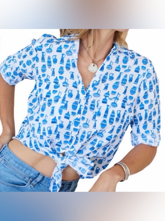 Roller Rabbit Tops - Roller Rabbit Linen Button Up Shirt Size XS Blue Urn Print Resortwear Vacation